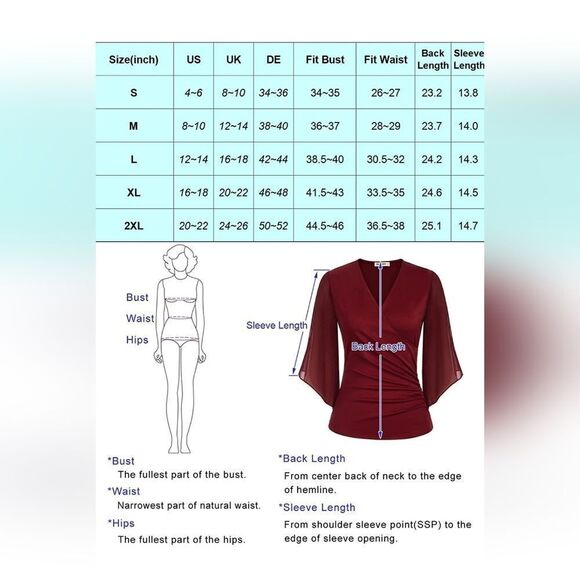 NWT GRACE KARIN Women 3/4 Chiffon Sleeve Dressy Blouse Wrap Elastic Shirt - Picture 4 of 5